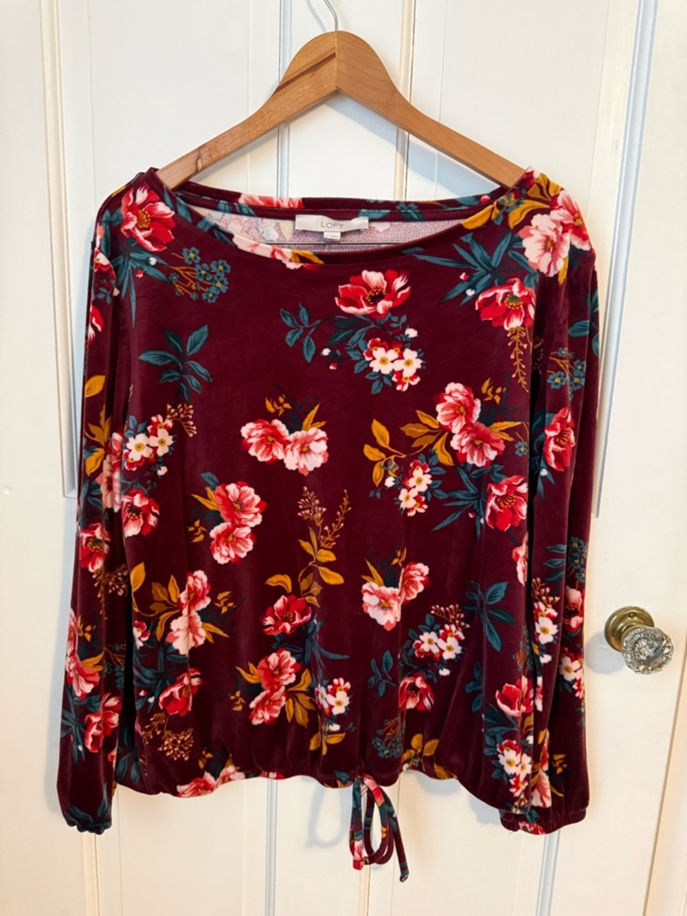 LOFT Burgundy Floral Long-Sleeve Tee with Drawstring Hem